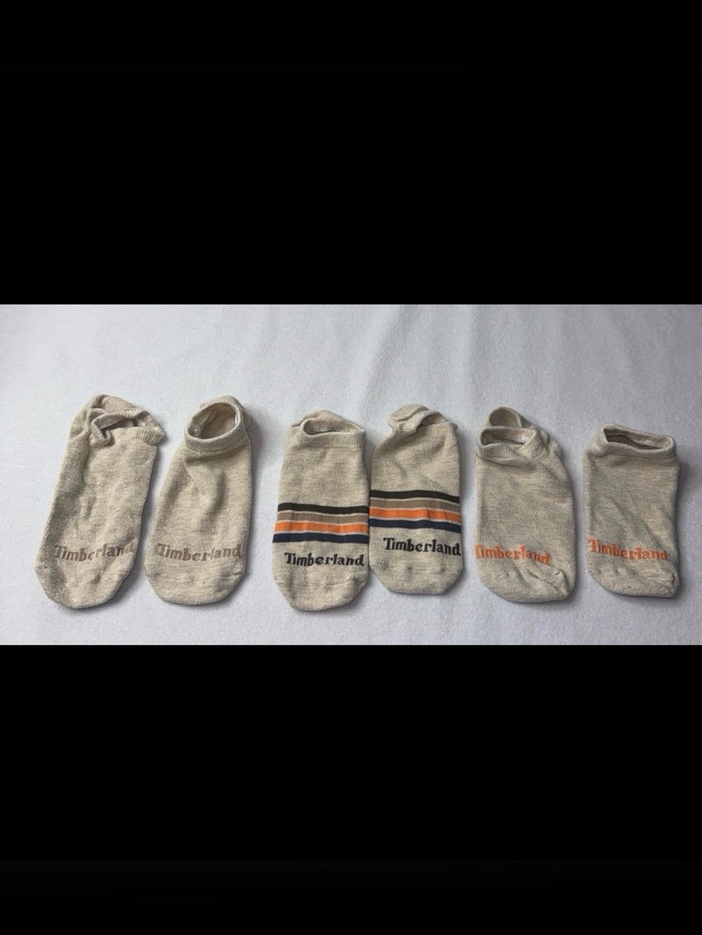 Timberland Men's Low-Cut No-Show Socks in Cream with Orange & Black Accents